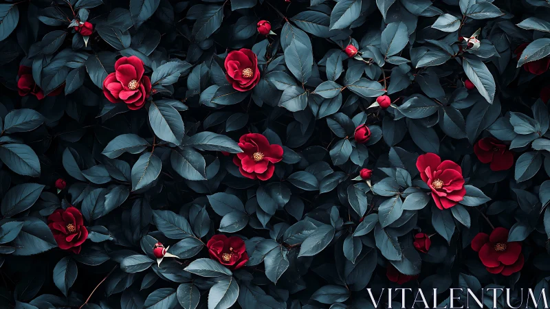 Red camellias among dark foliage viewed from above.