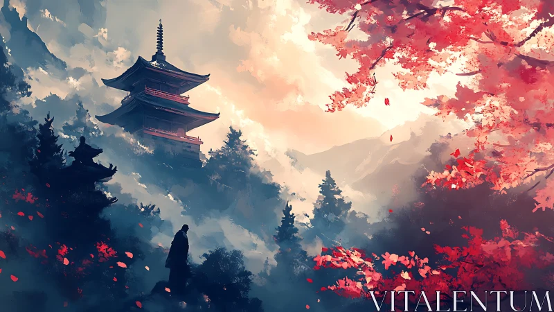 Quiet autumn temple view wrapped in soft mountain mist.