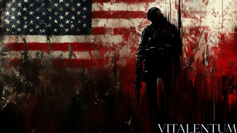 Solitary soldier standing before a weathered US flag.