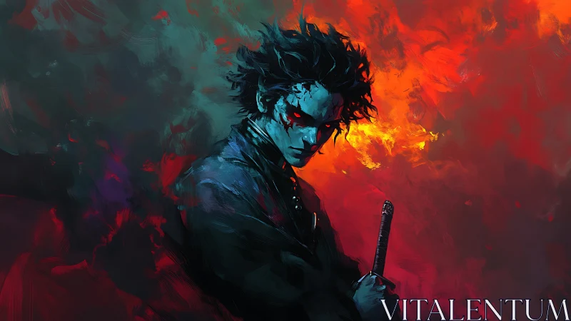 Midnight swordsman carves through stormfire with quiet rage