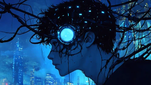 Cybernetic profile portrait shows neural cabling and luminous HUD core