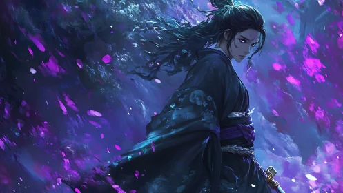 Stoic swordsman in dark kimono amid glowing petals.