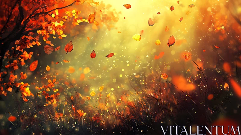 Luminous autumn leaves swirling through radiant forest light.