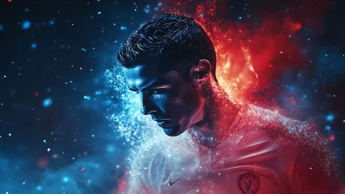 Digital portrait of football player in dual color light.