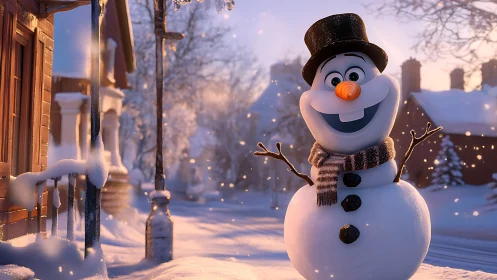 Cheerful cartoon snowman stands in glowing winter street