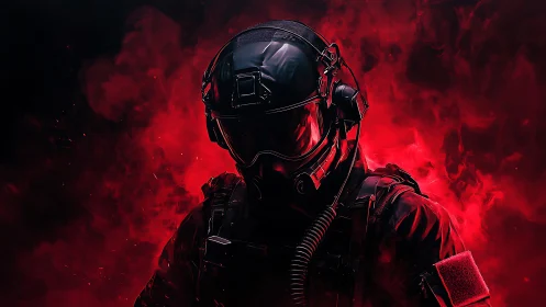 Tactical helmeted figure in red smoke environment at center.