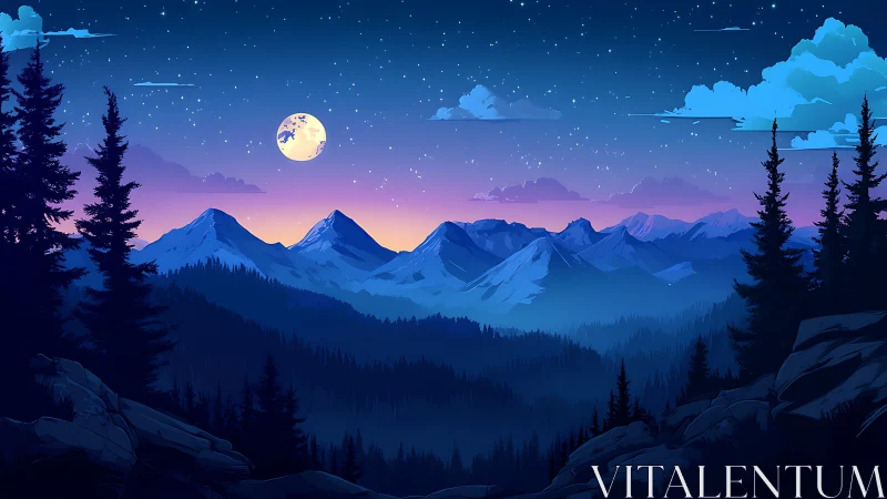 Moonlit ridges trade whispers with twilight over pine valleys