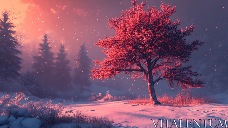 Solitary pink tree stands in snowy forest at glowing sunset