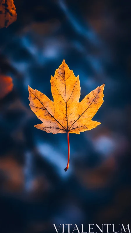 Golden maple leaf hovers against deep blue autumn bokeh