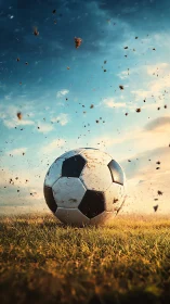 Storm-kissed soccer ball pausing mid-flight on glowing turf.