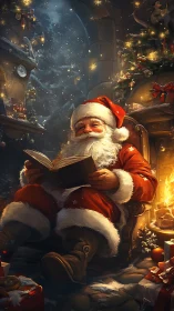 Santa Claus reading by the fireplace in cozy workshop.