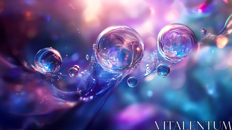 Iridescent fluid spheres drift through neon chromatic void