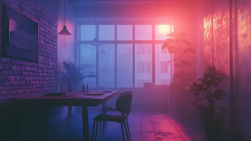 Neon lit loft office interior with volumetric sunset haze