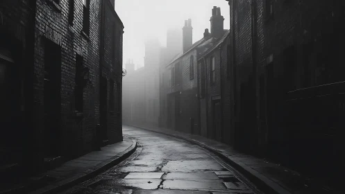 Moody cobblestone alley curves quietly into the morning mist