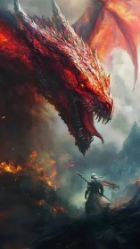 Dragon towers over lone warrior in burning landscape.
