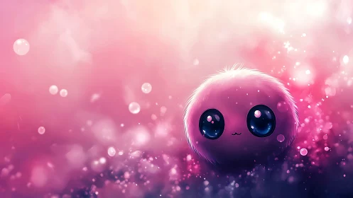 Pink fluffy creature with glossy eyes in bokeh field.