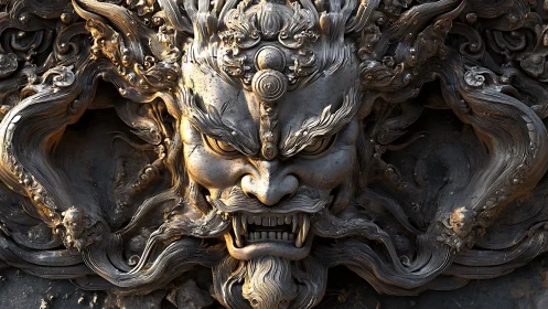 Baroque metal demon mask relief with swirling filament hair