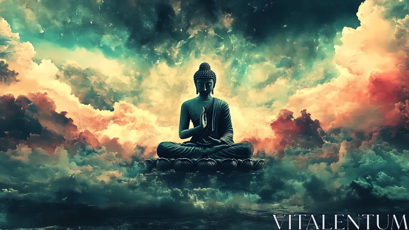 Serene Buddha meditation amid luminous celestial clouds.