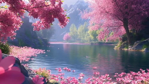 Spectral spring river with volumetric light and blossom strata.