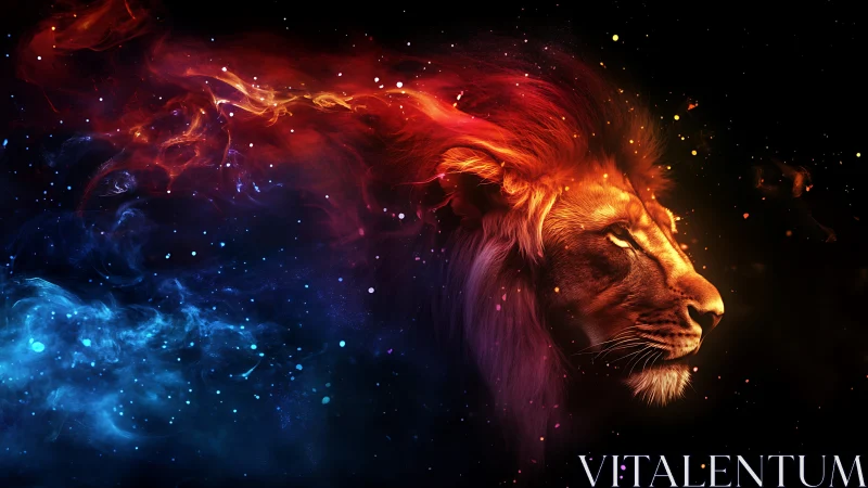 Cosmic lion head burns through swirling nebula clouds