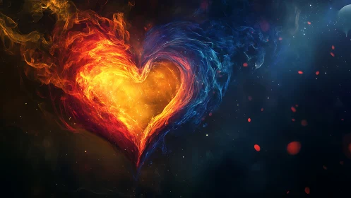 Fiery Heart Shape in Cosmic Void with Swirling Flames