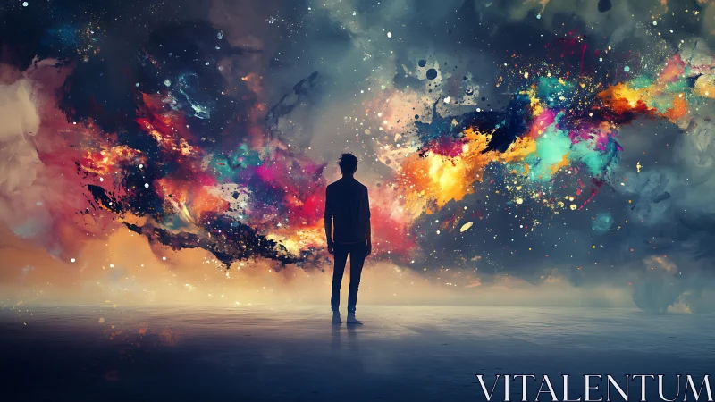 Dreamer Standing Before a Swirling Cosmic Color Sky.