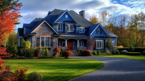Two-story stone and blue siding house with landscaped yard