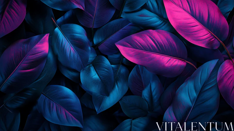Neon jungle leaves glowing in ultraviolet midnight hush.