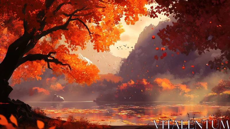 Golden autumn lake glows beneath vibrant crimson trees