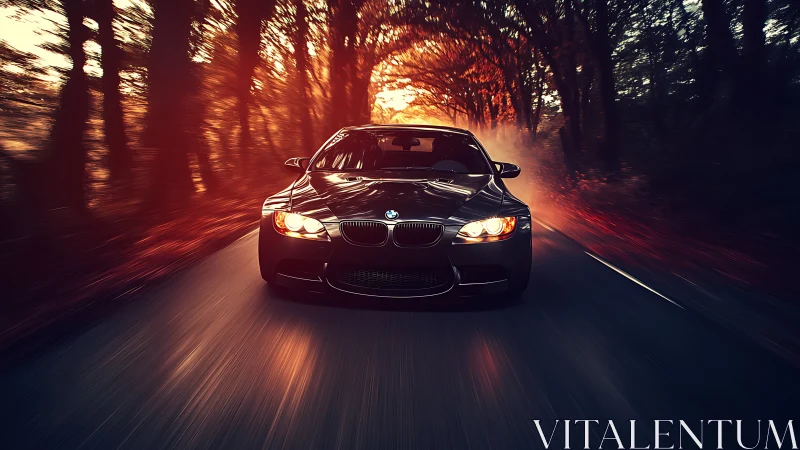 BMW coupe powers through cinematic dusk forest tunnel.