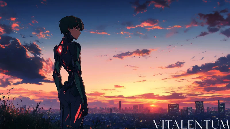 Anime skyline sentinel in luminous sunset environmental lighting.