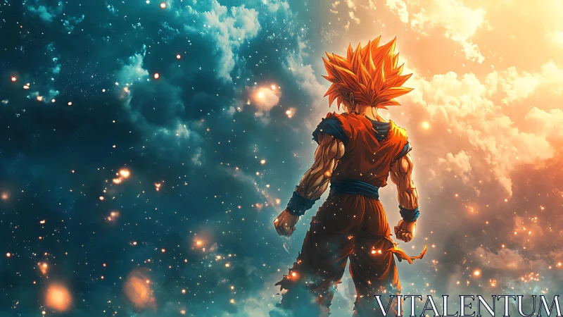 Spiky haired figure facing luminous clouded sky horizon.