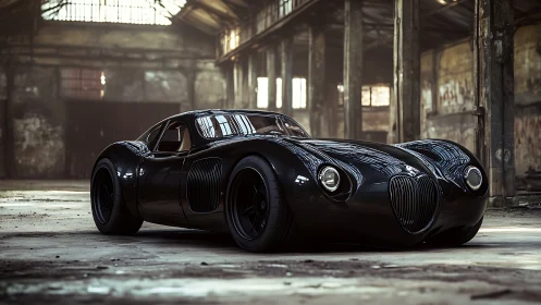Black streamlined coupe parked in abandoned industrial hall.