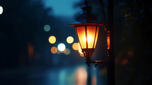 Cozy streetlamp glow guiding a quiet blue evening walk.