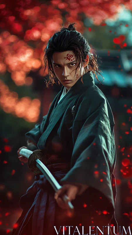 Scarred samurai with drawn katana in red leaf garden.