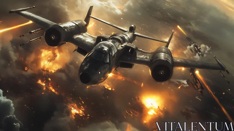 Twin‑engine attack aircraft over illuminated conflict zone.