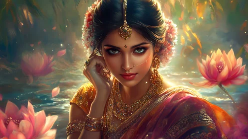 Digital portrait shows woman in sari amid stylized lotus pond