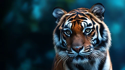 Midnight jungle tiger gazes through electric sapphire hush.