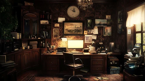 Study workspace shows wooden desk, shelving and monitor