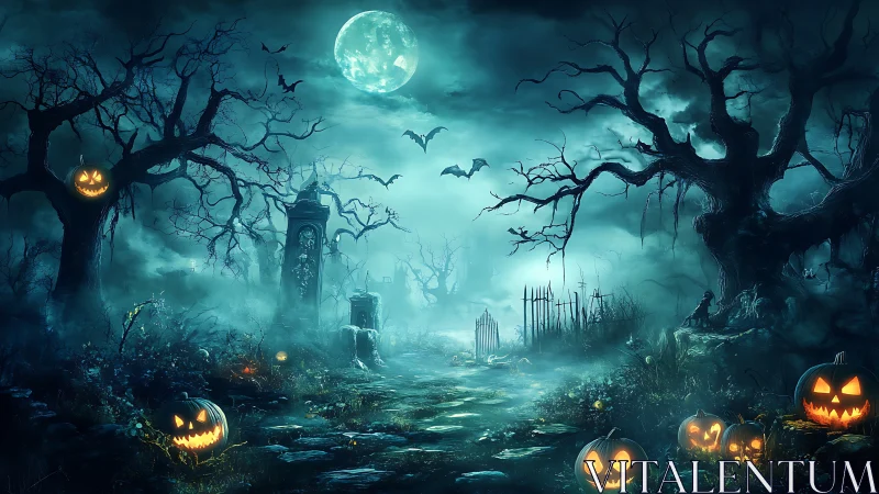 Moonlit haunted forest path shows pumpkins and graveyard