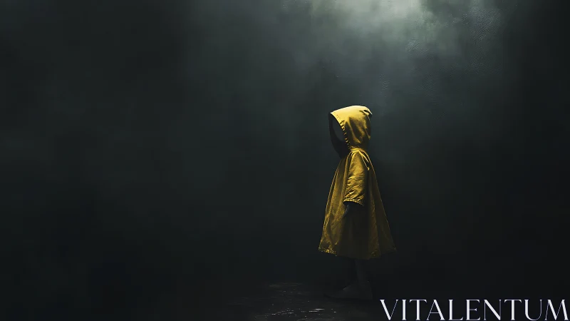 Child in yellow raincoat under dramatic low key side lighting.