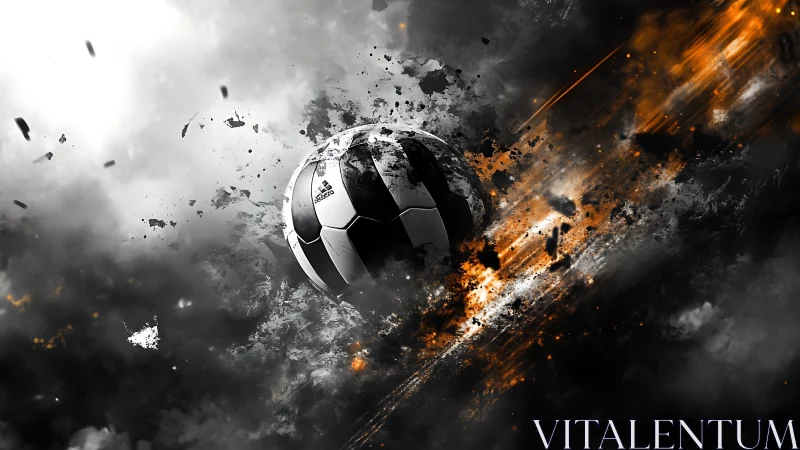 Soccer ball depicted in high-velocity motion through debris field