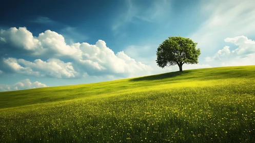 Solitary deciduous tree on sloping grass field under clouds.