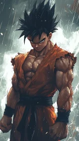 Fierce anime warrior stands strong in stormy glowing rain.