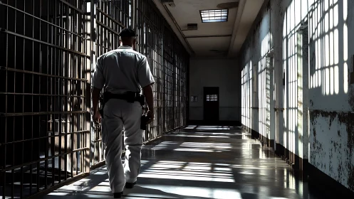 Prison guard walking down dim cellblock corridor alone.