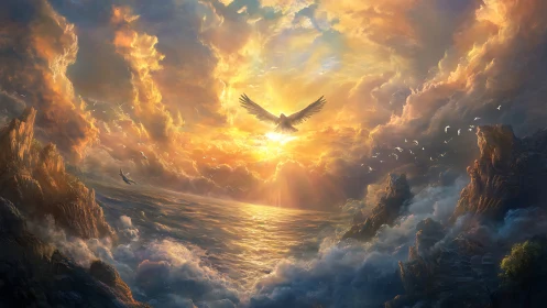 Atmospheric seascape with radiant avian silhouette at sunrise.