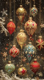 Ornate glass baubles display intricate gilded relief under snow