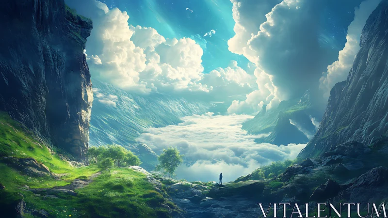 Atmospheric valley portal with cloud ocean and luminous zenith.