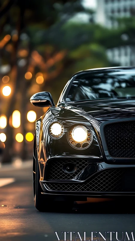 Luxury black coupe with bokeh city lights at dusk street.