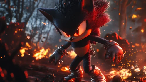 Dark cartoon hedgehog stands in burning forest scene